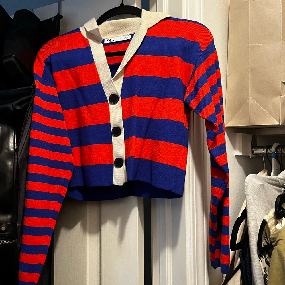 Zara Red and Blue Striped Cardigan Sweater